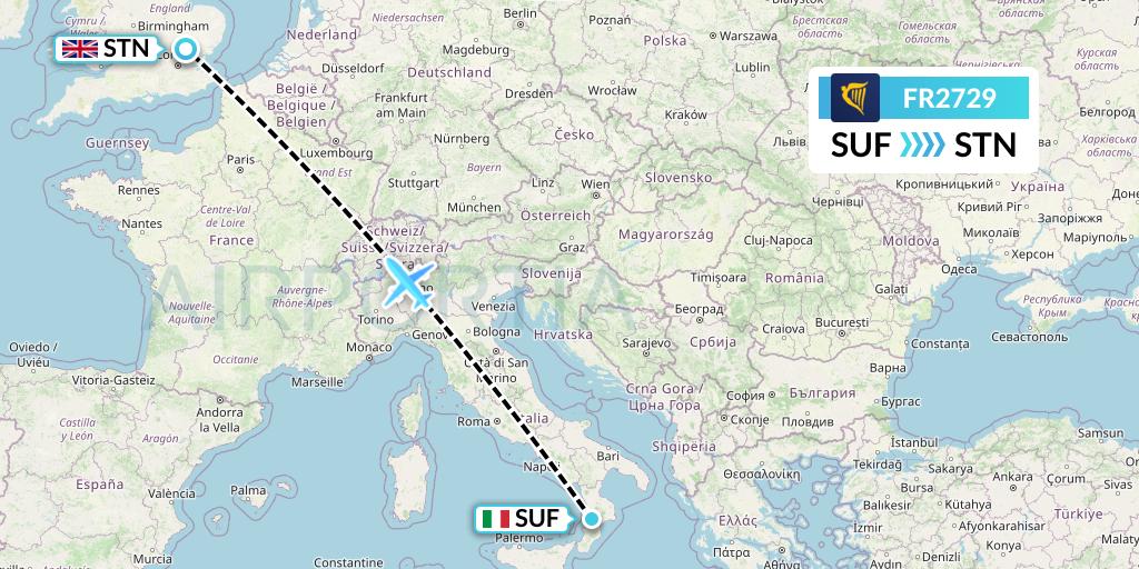 FR2729 Ryanair Flight Map: Lamezia Terme to London