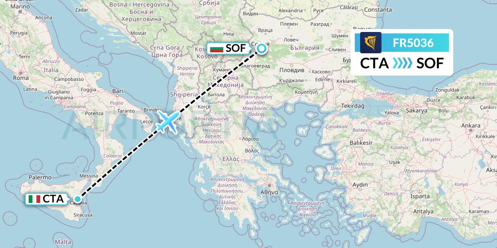 FR5036 Ryanair Flight Map: Catania to Sofia
