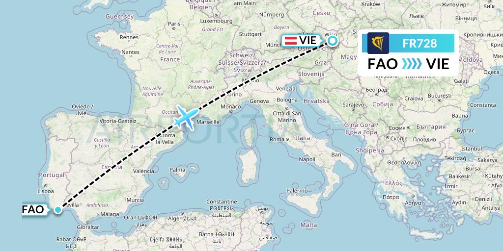 FR728 Ryanair Flight Map: Faro to Vienna