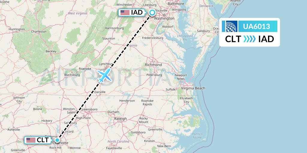 UA6013 United Airlines Flight Map: Charlotte to Washington