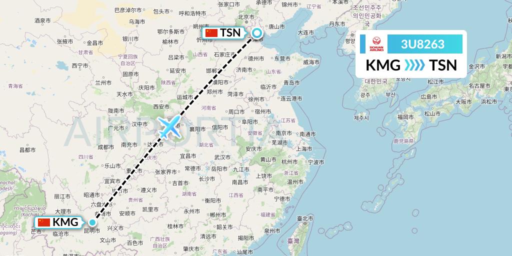 3U8263 Sichuan Airlines Flight Map: Kunming to Tianjin