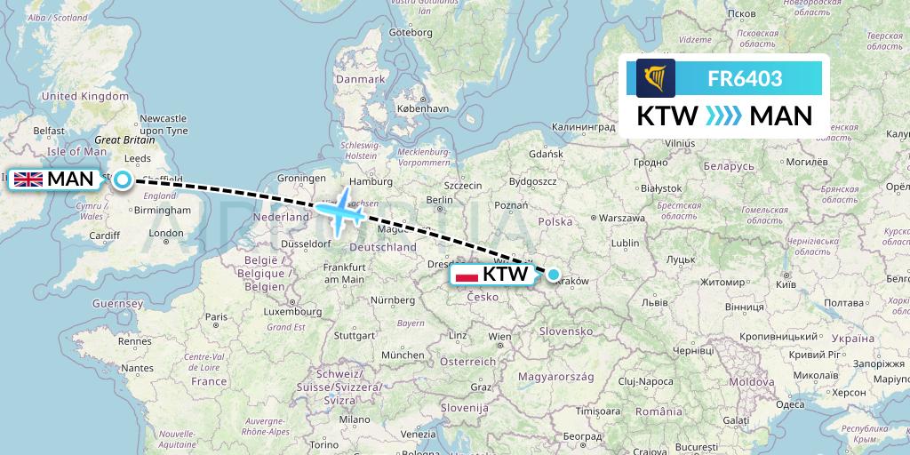 FR6403 Ryanair Flight Map: Katowice to Manchester