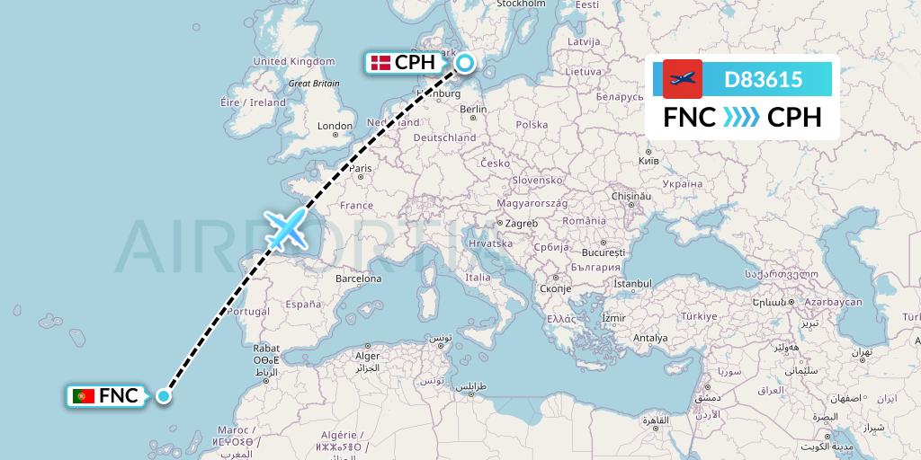 D83615 Norwegian Air International Flight Map: Funchal to Copenhagen