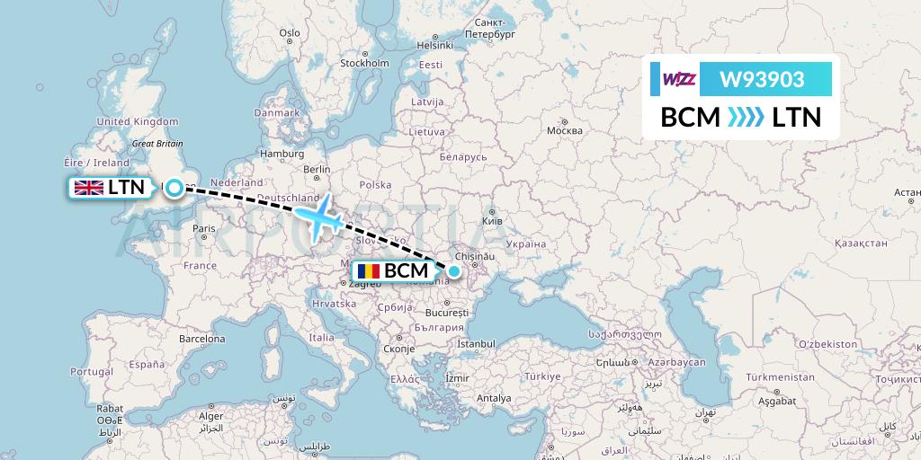 W93903 Wizz Air UK Flight Map: Bacau to London
