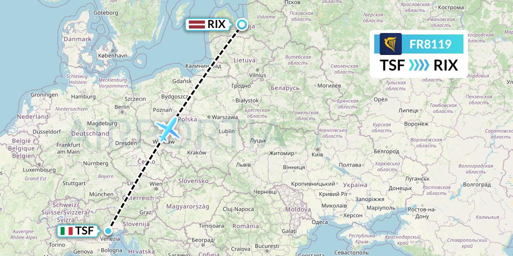 FR8119 Ryanair Flight Map: Treviso to Riga