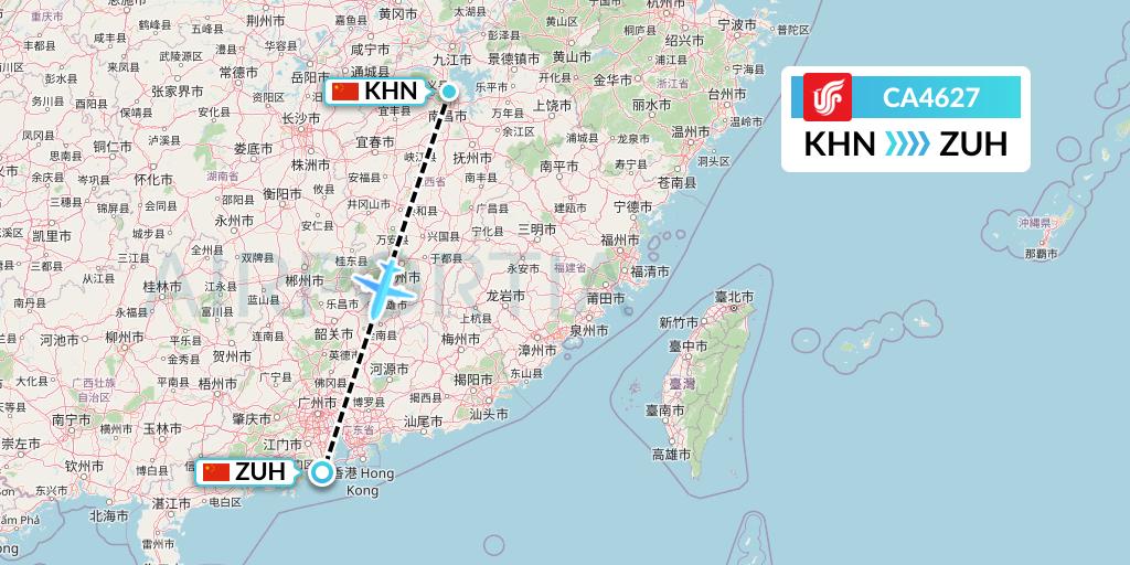 CA4627 Air China Flight Map: Nanchang to Zhuhai