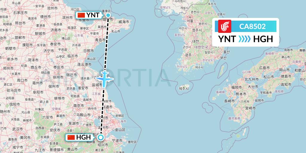 CA8502 Air China Flight Map: Yantai to Hangzhou
