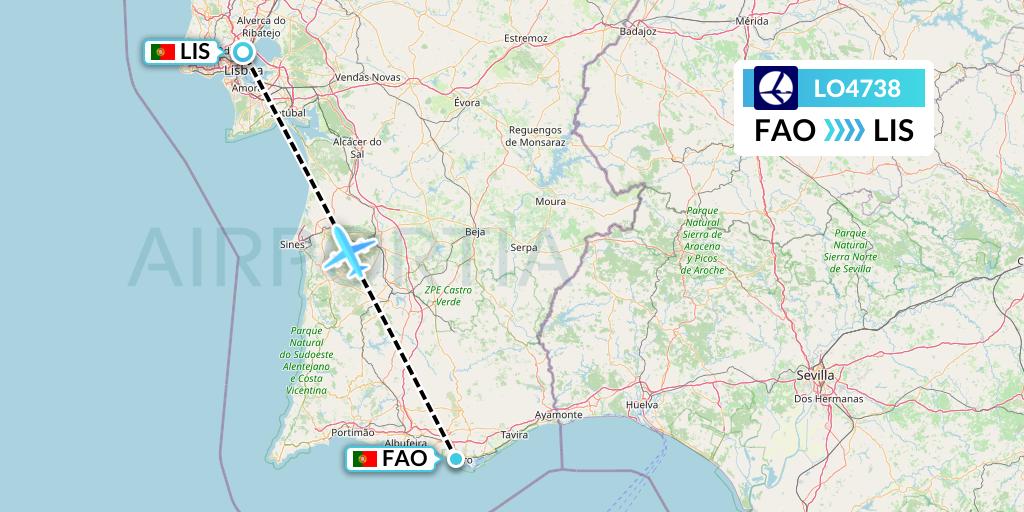 LO4738 LOT Flight Map: Faro to Lisbon