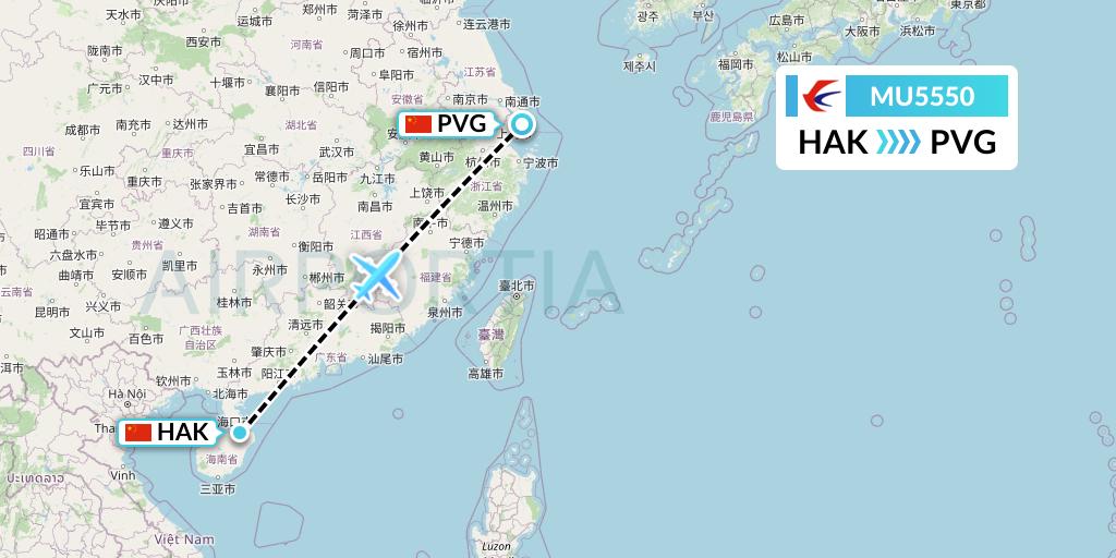 MU5550 China Eastern Airlines Flight Map: Haikou to Shanghai