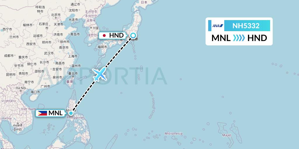 NH5332 All Nippon Airways Flight Map: Manila to Tokyo