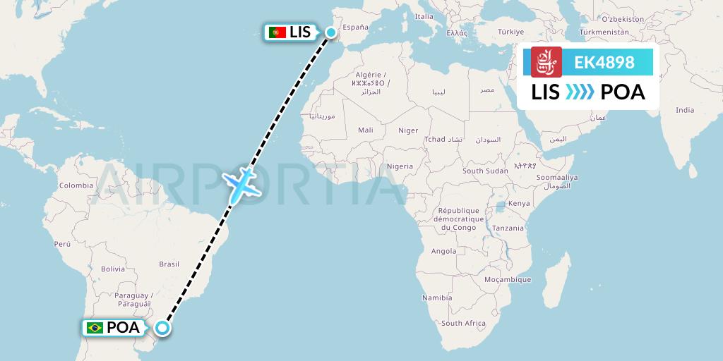 EK4898 Emirates Flight Map: Lisbon to Porto Alegre