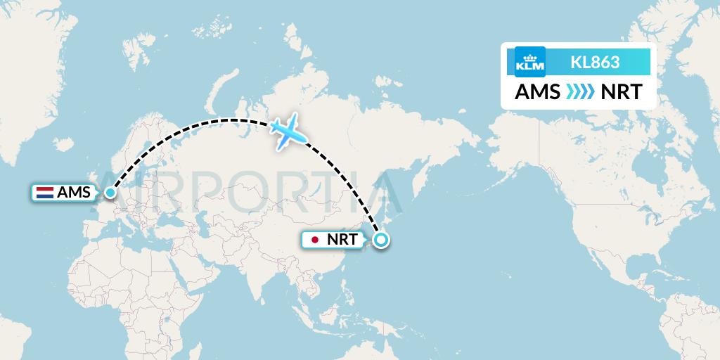 KL863 KLM Flight Map: Amsterdam to Tokyo