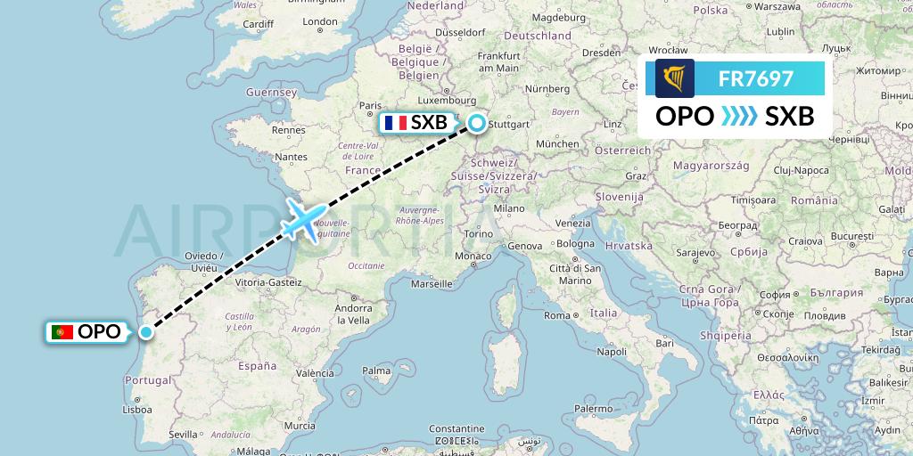 FR7697 Ryanair Flight Map: Porto to Strasbourg