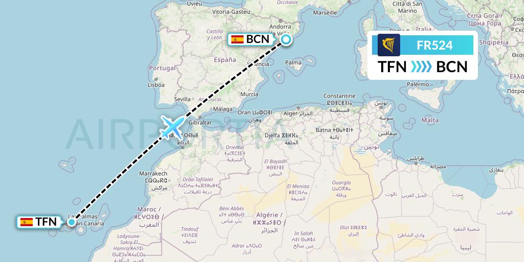 FR524 Ryanair Flight Map: Tenerife to Barcelona