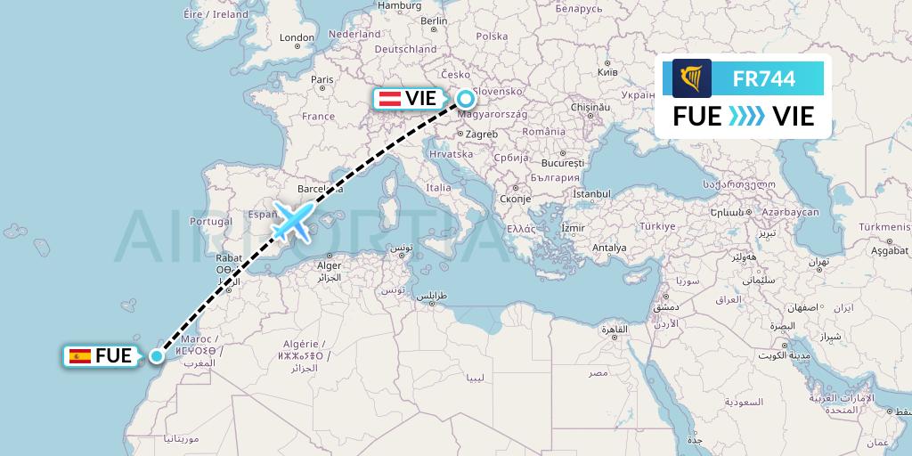 FR744 Ryanair Flight Map: Fuerteventura to Vienna