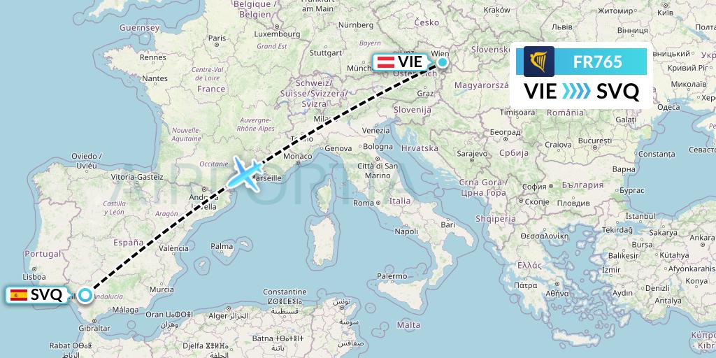 FR765 Ryanair Flight Map: Vienna to Seville