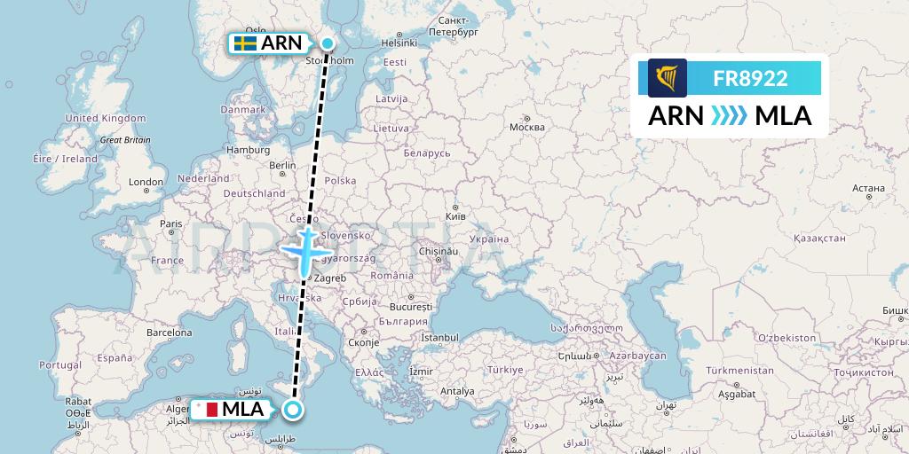 FR8922 Ryanair Flight Map: Stockholm to Malta