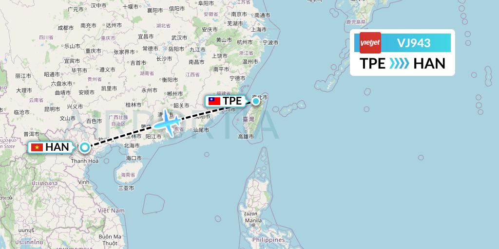 VJ943 VietJet Air Flight Map: Taipei to Hanoi