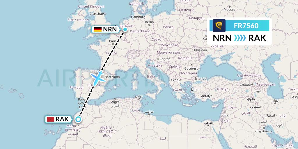 FR7560 Ryanair Flight Map: Weeze to Marrakesh 