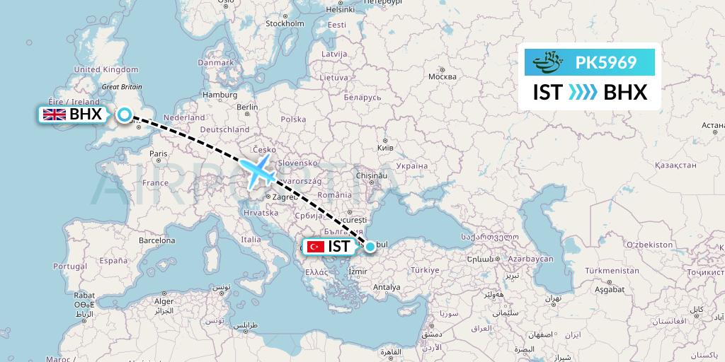 PK5969 Pakistan International Airlines Flight Map: Istanbul to Birmingham
