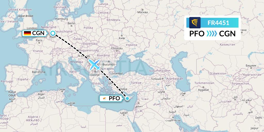 FR4451 Ryanair Flight Map: Pafos to Cologne
