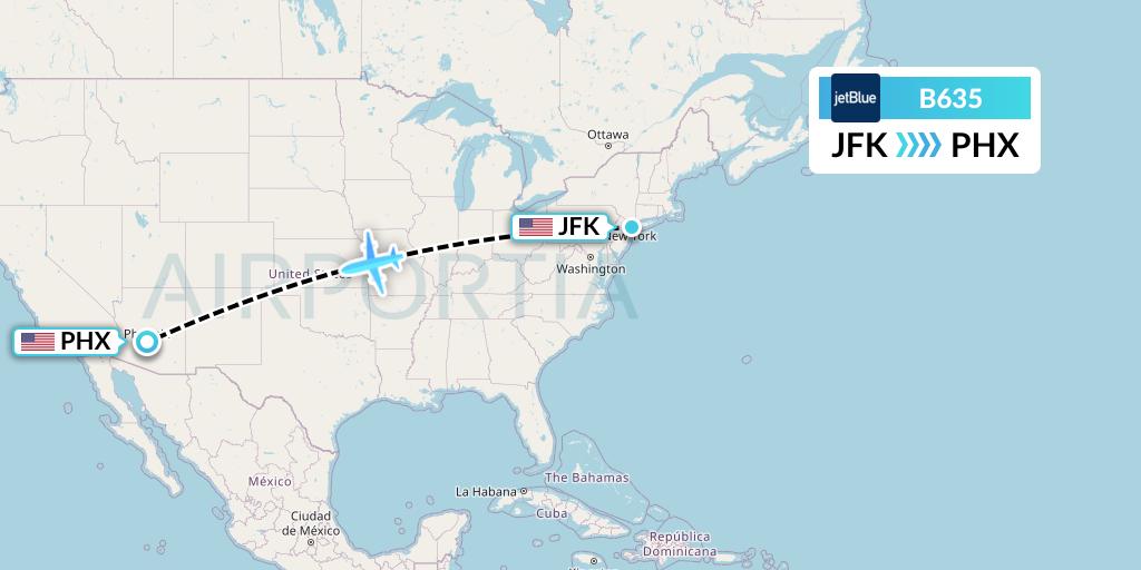 B635 JetBlue Airways Flight Map: New York to Phoenix