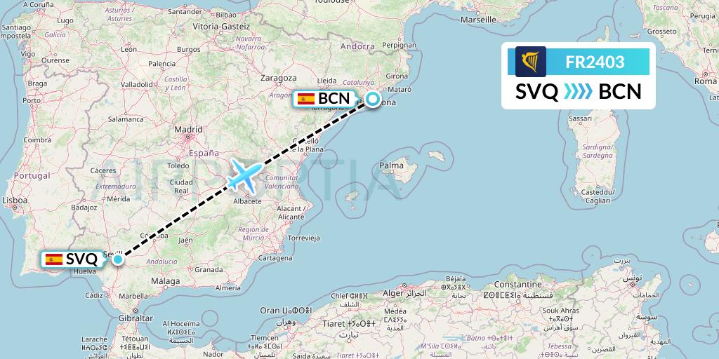FR2403 Ryanair Flight Map: Seville to Barcelona