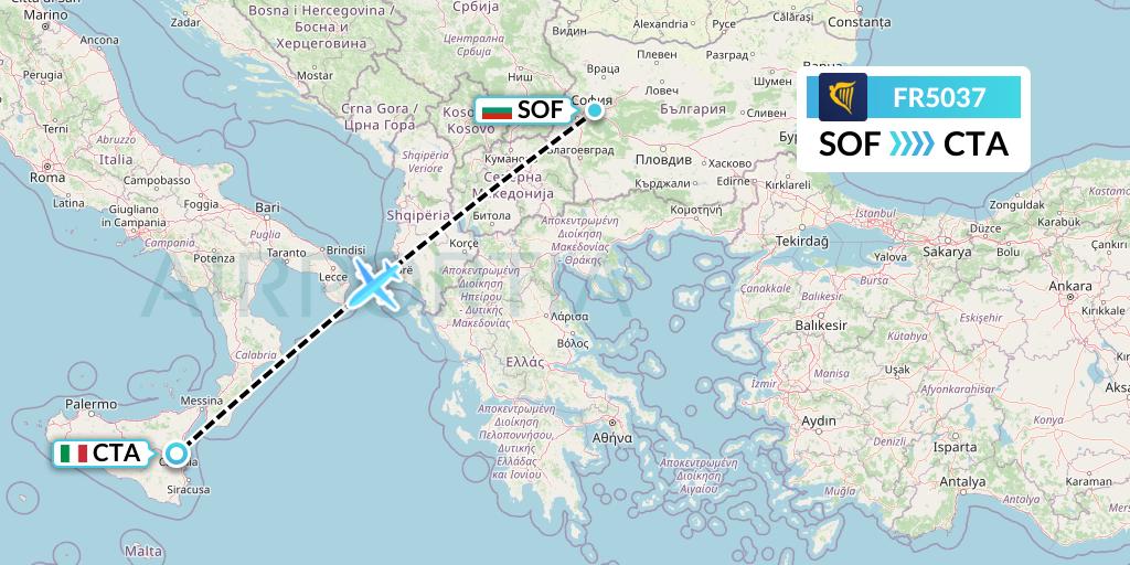 FR5037 Ryanair Flight Map: Sofia to Catania