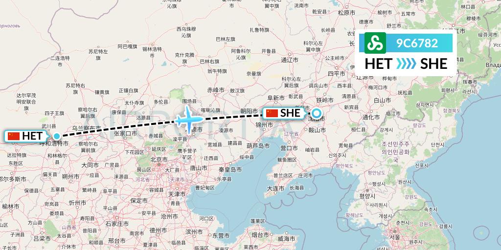 9C6782 Spring Airlines Flight Map: Hohhot to Shenyang