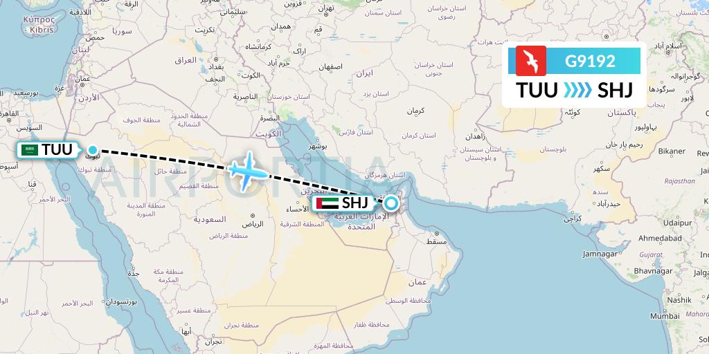 G9192 Air Arabia Flight Map: Tabuk to Sharjah