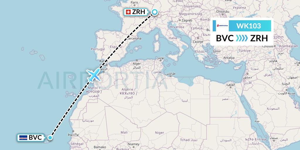 WK103 Edelweiss Air Flight Map: Boa Vista to Zurich