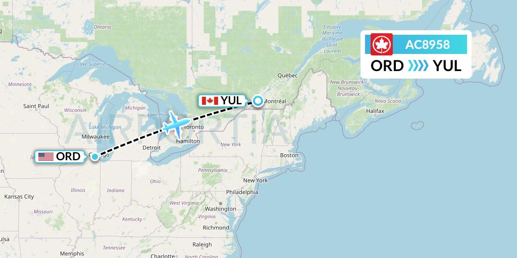 AC8958 Air Canada Flight Map: Chicago to Montreal