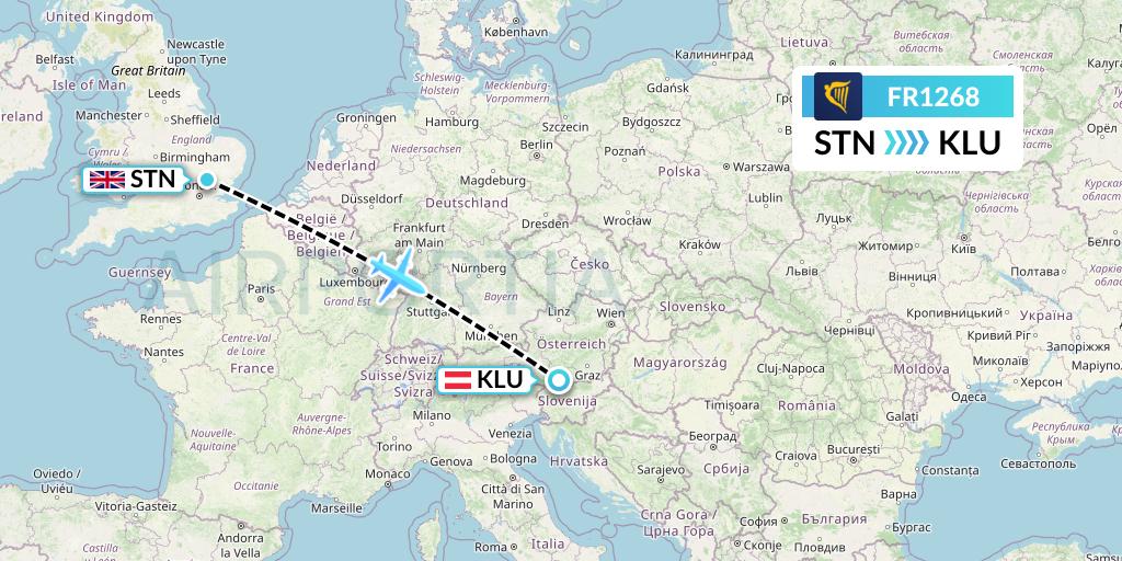 FR1268 Ryanair Flight Map: London to Klagenfurt