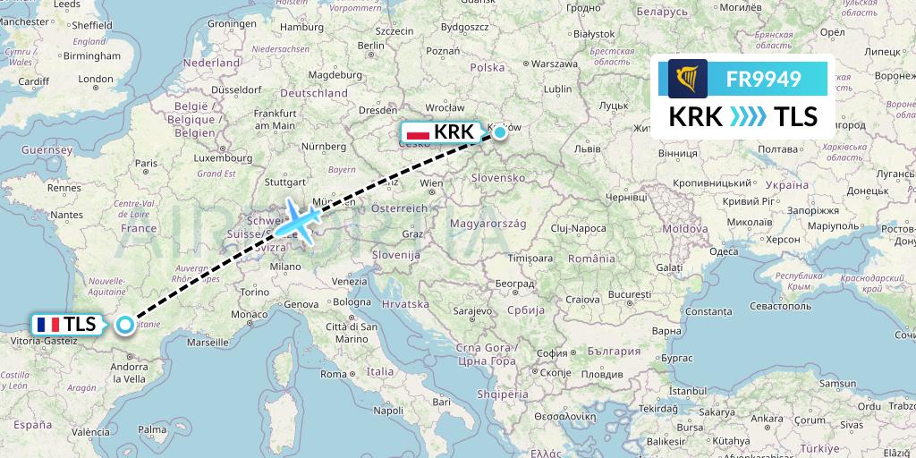 FR9949 Ryanair Flight Map: Krakow to Toulouse