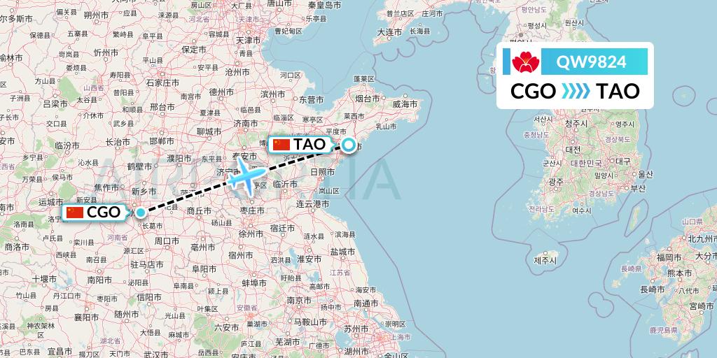 QW9824 Qingdao Airlines Flight Map: Zhengzhou to Qingdao