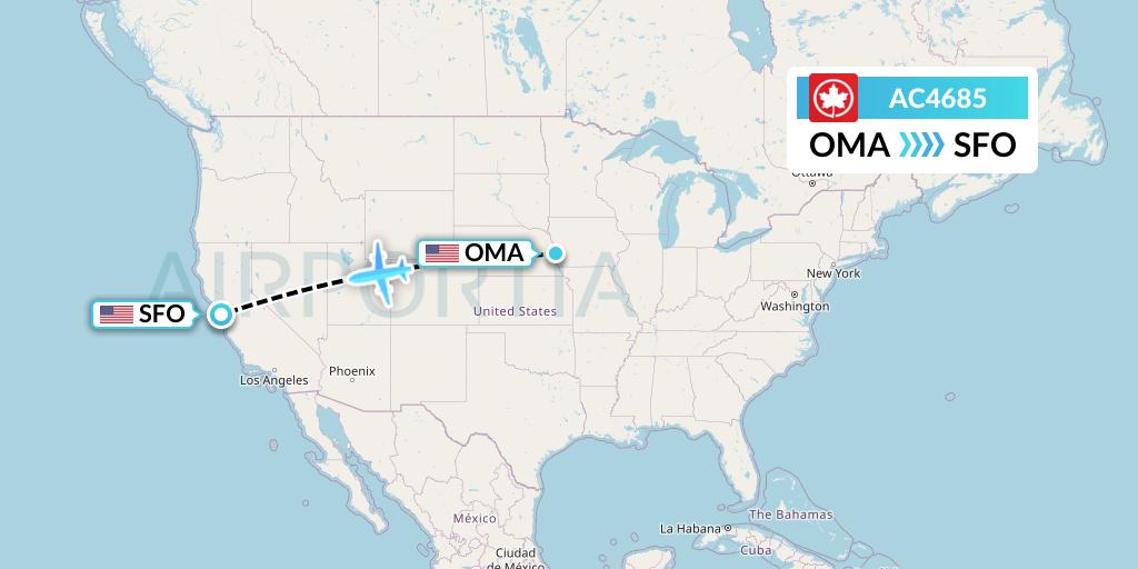 AC4685 Air Canada Flight Map: Omaha to San Francisco