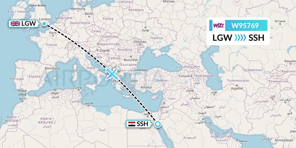 W95769 Wizz Air UK Flight Map: London to Sharm el-Sheikh