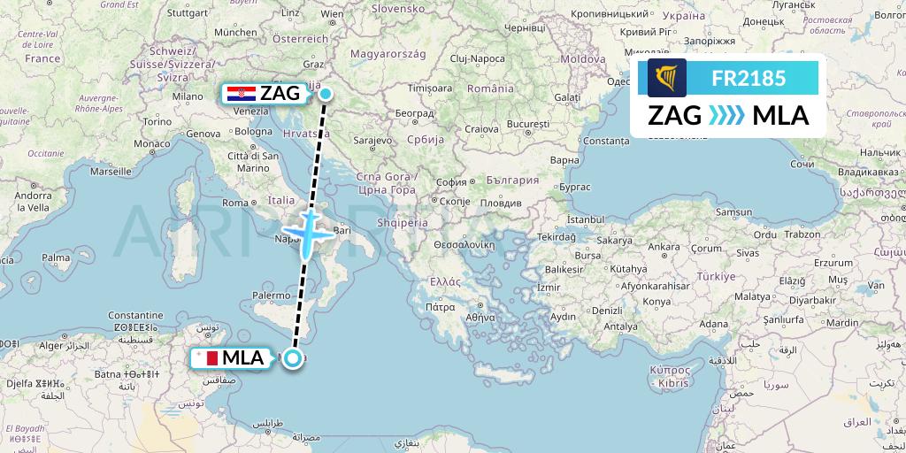 FR2185 Ryanair Flight Map: Zagreb to Malta