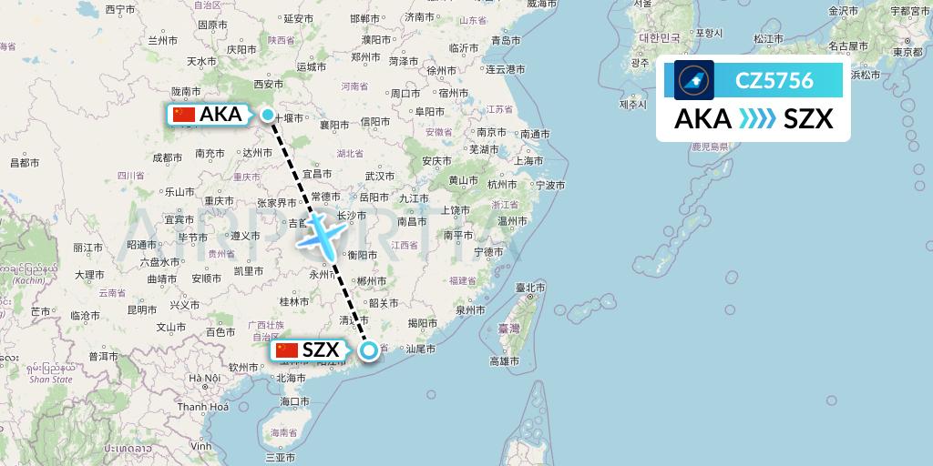 CZ5756 China Southern Airlines Flight Map: Ankang to Shenzhen