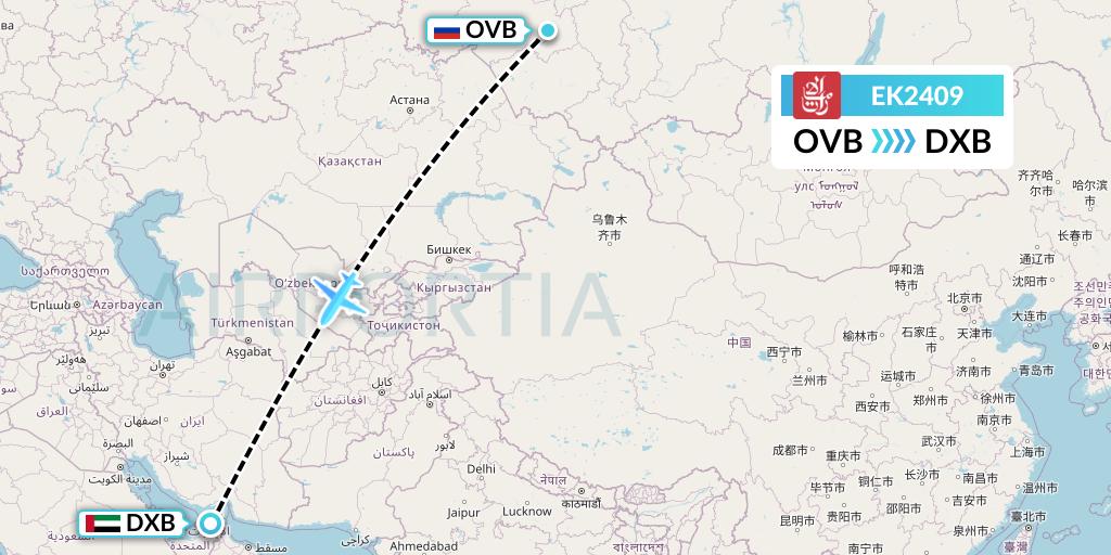 EK2409 Emirates Flight Map: Novosibirsk to Dubai