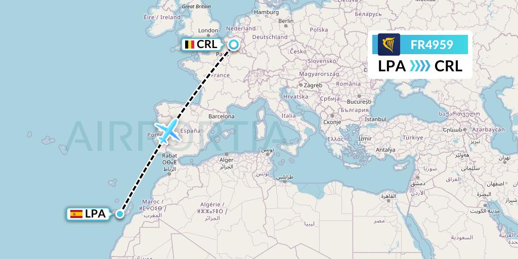 FR4959 Ryanair Flight Map: Las Palmas to Brussels