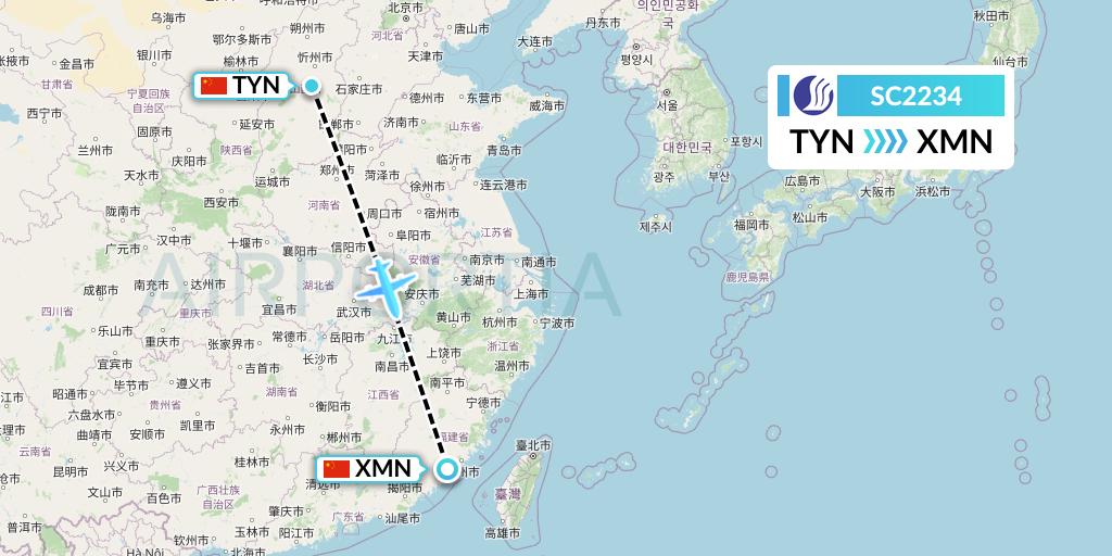 SC2234 Shandong Airlines Flight Map: Taiyuan to Xiamen