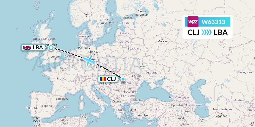 W63313 Wizz Air Flight Map: Cluj-Napoca to Leeds