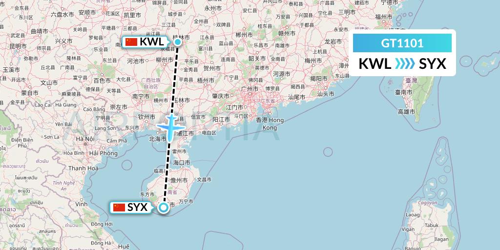 GT1101 Air Guilin Flight Map: Guilin to Sanya