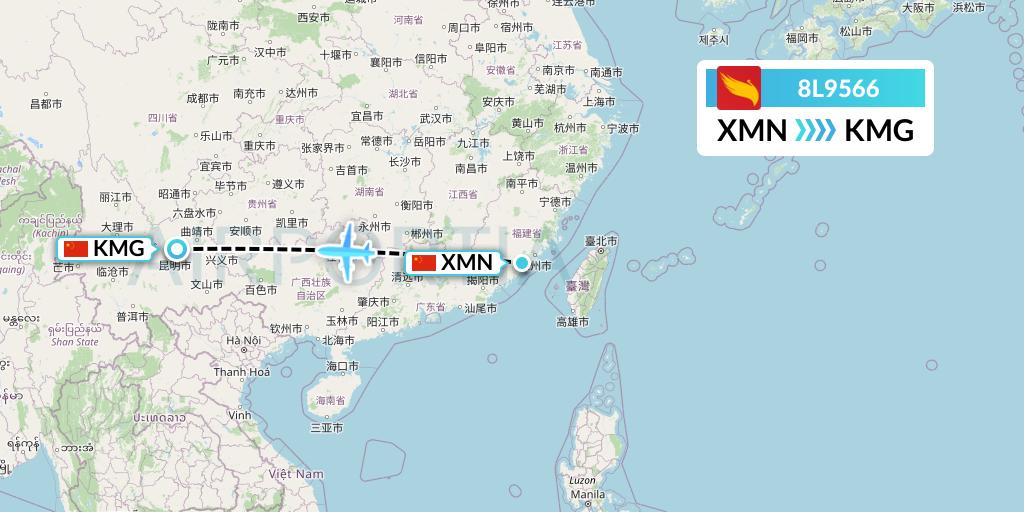 8L9566 Lucky Air Flight Map: Xiamen to Kunming
