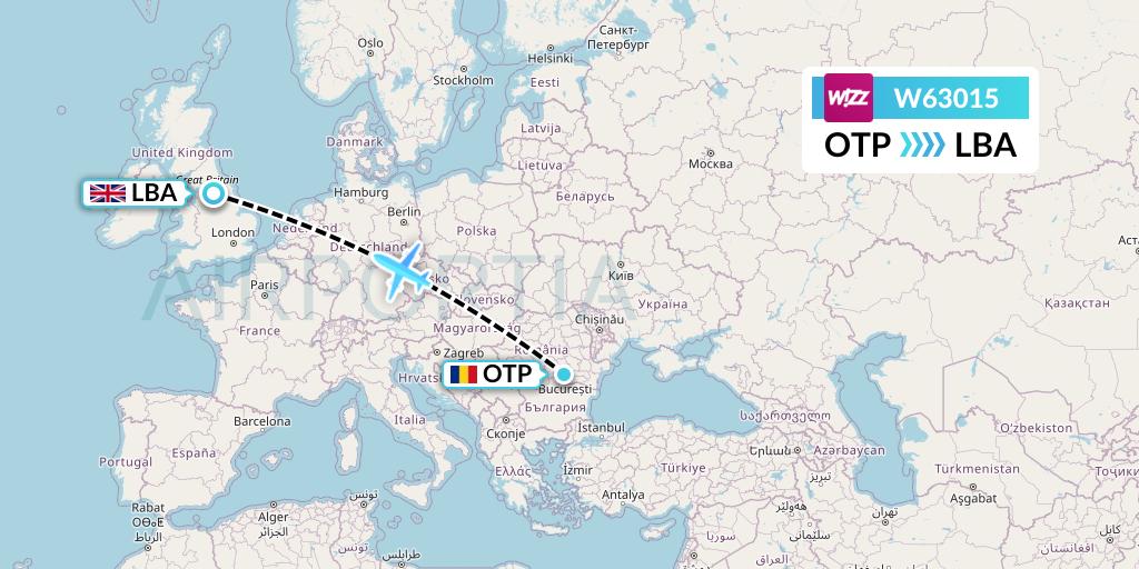 W63015 Wizz Air Flight Map: Bucharest to Leeds
