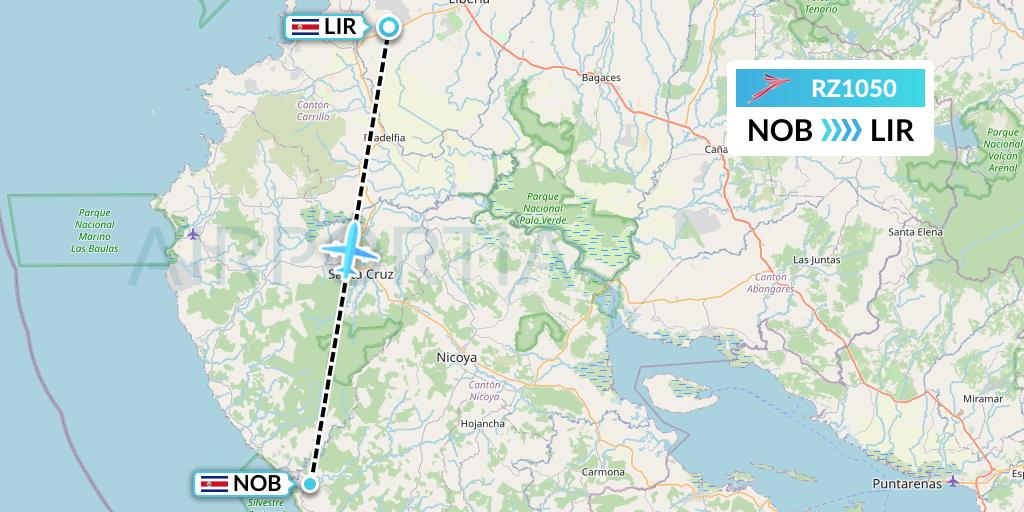 RZ1050 Sansa Airlines Flight Map: Nicoya to Liberia