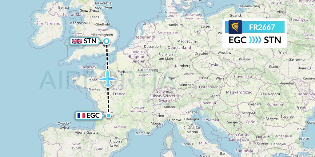 FR2667 Ryanair Flight Map: Bergerac to London