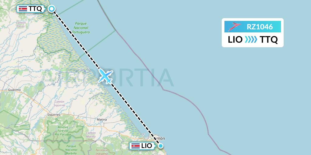 RZ1046 Sansa Airlines Flight Map: Puerto Limon to Roxana