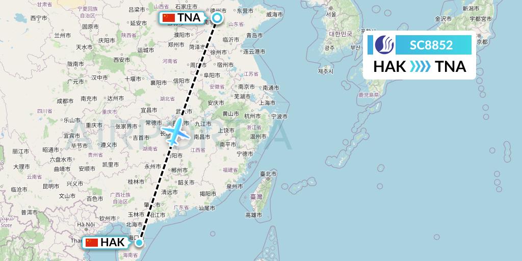 SC8852 Shandong Airlines Flight Map: Haikou to Jinan